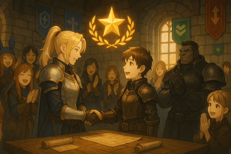 A fantasy guild hall ceremony where a member is being promoted with applause, surrounded by various ranked banners or icons above players' heads.