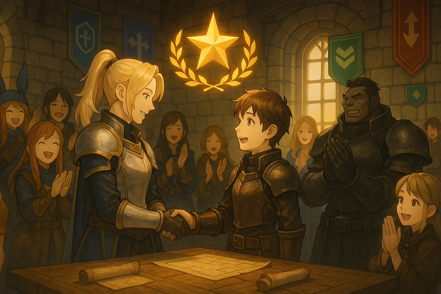 A fantasy guild hall ceremony where a member is being promoted with applause, surrounded by various ranked banners or icons above players' heads.